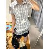 Cropped Vintage Plaid Short-Sleeve Shirt for Women - Slim-Fit Checkered Summer Jacket, College Style Top, Y2K Fashion