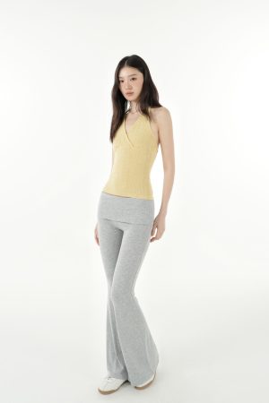 Cross V-Neck Knitted Ribbed Halter Top - Trendy Y2K Style Crop Top for Chic Outfits