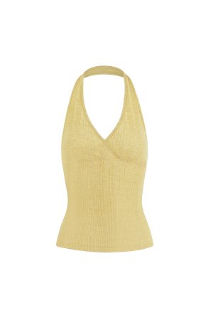 Cross V-Neck Knitted Ribbed Halter Top - Trendy Y2K Style Crop Top for Chic Outfits
