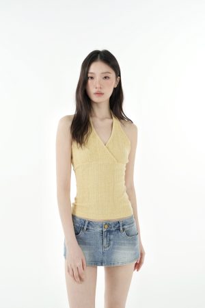 Cross V-Neck Knitted Ribbed Halter Top - Trendy Y2K Style Crop Top for Chic Outfits