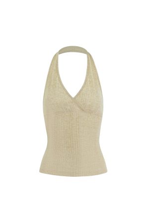 Cross V-Neck Knitted Ribbed Halter Top - Trendy Y2K Style Crop Top for Chic Outfits