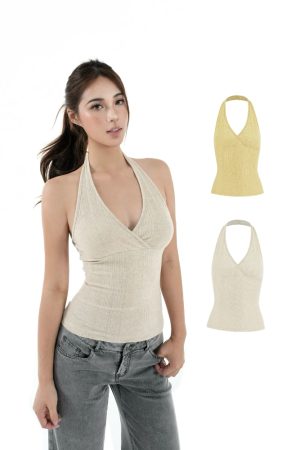 Cross V-Neck Knitted Ribbed Halter Top - Trendy Y2K Style Crop Top for Chic Outfits