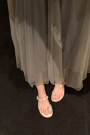 Crystal Flower Buckle Wedge Open-Toe Flat Slippers for Women, Summer Fairy Style, Perfect for Skirts and Outdoor Wear