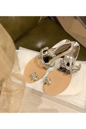 Crystal Flower Buckle Wedge Open-Toe Flat Slippers for Women, Summer Fairy Style, Perfect for Skirts and Outdoor Wear