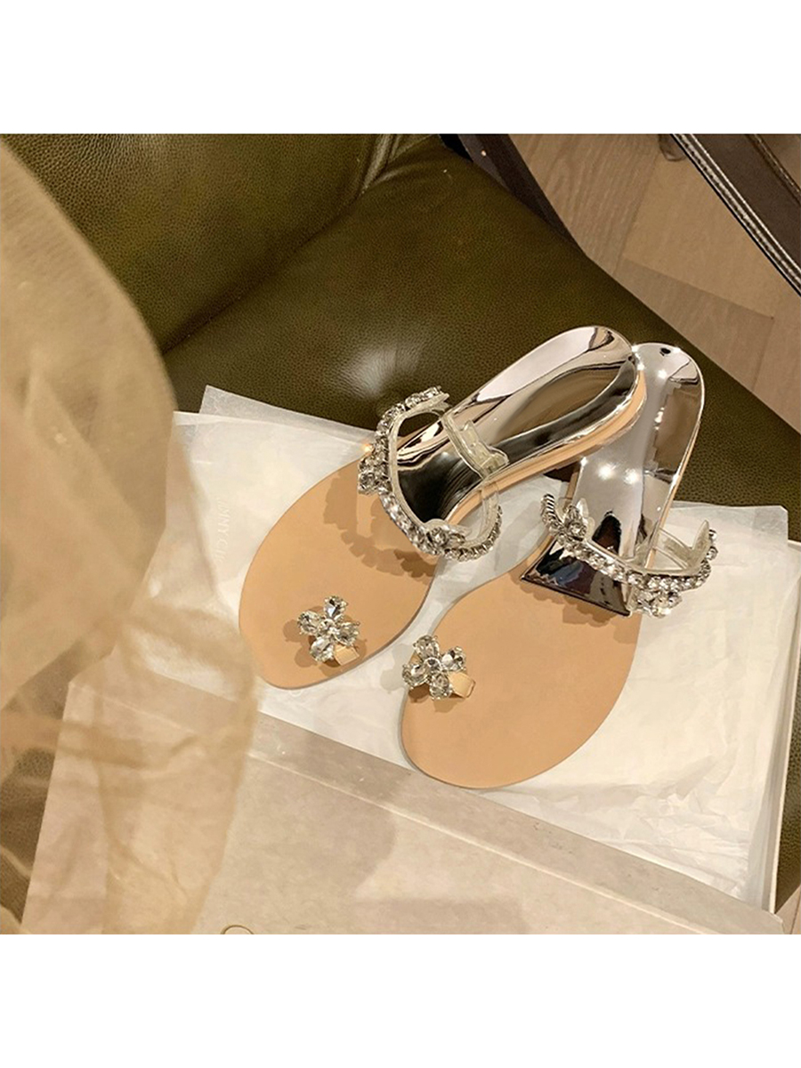 Crystal Flower Buckle Wedge Open-Toe Flat Slippers for Women, Summer Fairy Style, Perfect for Skirts and Outdoor Wear Crystal Flower Buckle Wedge Open-Toe Flat Slippers for Women, Summer Fairy Style, Perfect for Skirts and Outdoor Wear