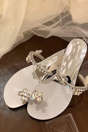 Crystal Flower Buckle Wedge Open-Toe Flat Slippers for Women, Summer Fairy Style, Perfect for Skirts and Outdoor Wear