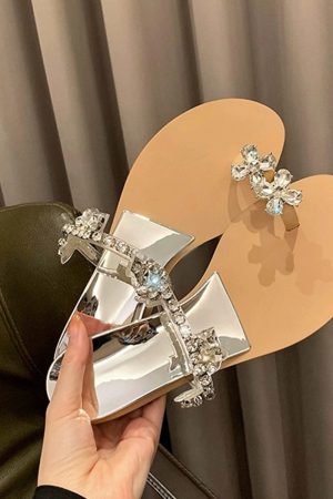 Crystal Flower Buckle Wedge Open-Toe Flat Slippers for Women, Summer Fairy Style, Perfect for Skirts and Outdoor Wear