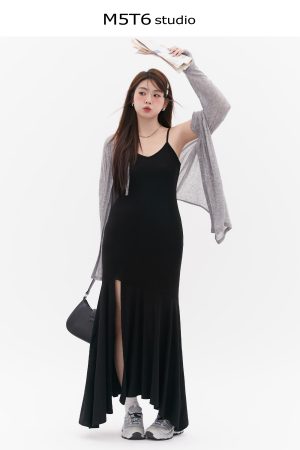 Curvy Mermaid Sister Flirty Irregular Split Fish Tail Dress with Slimming Spaghetti Straps - Trendy Y2K Style for Effortless Elegance