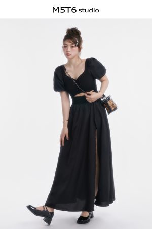 Curvy Minimalist Hepburn Style Split Dress - Elegant Long Skirt in Colors for 90s and Y2K Fashion Lovers
