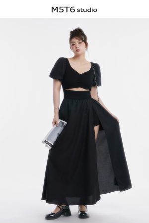 Curvy Minimalist Hepburn Style Split Dress - Elegant Long Skirt in Colors for 90s and Y2K Fashion Lovers