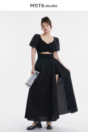Curvy Minimalist Hepburn Style Split Dress - Elegant Long Skirt in Colors for 90s and Y2K Fashion Lovers