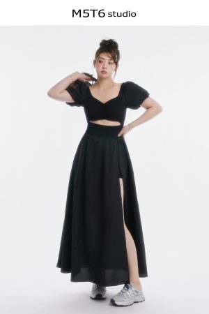 Curvy Minimalist Hepburn Style Split Dress - Elegant Long Skirt in Colors for 90s and Y2K Fashion Lovers