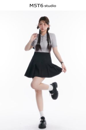 Curvy Tear Manga Girl High Polo Short Knit Top and High-Waisted Skirt Set - Y2K Style Fashion Ensemble