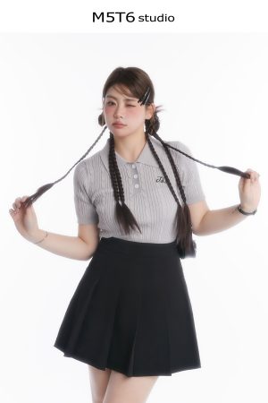 Curvy Tear Manga Girl High Polo Short Knit Top and High-Waisted Skirt Set - Y2K Style Fashion Ensemble