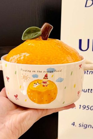 Cute Apple Ceramic Instant Noodle Bowl with Lid and Handle - Aesthetic Design for Dorm Room, Perfect for Instant and Snail Noodles