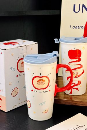 Cute Apple Ceramic Mug with Lid and Straw, Large Capacity Water Cup for Office, Trendy Gift for Girls, Stylish Beverage Container