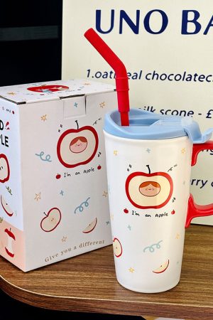 Cute Apple Ceramic Mug with Lid and Straw, Large Capacity Water Cup for Office, Trendy Gift for Girls, Stylish Beverage Container