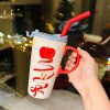 Cute Apple Ceramic Mug with Lid and Straw, Large Capacity Water Cup for Office, Trendy Gift for Girls, Stylish Beverage Container