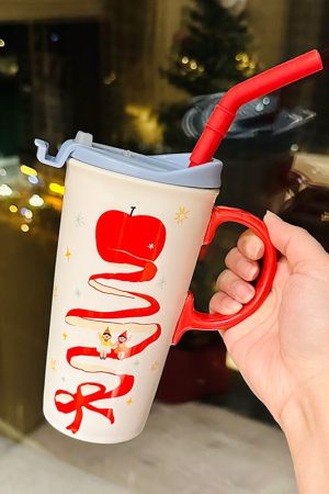 Cute Apple Ceramic Mug with Lid and Straw, Large Capacity Water Cup for Office, Trendy Gift for Girls, Stylish Beverage Container