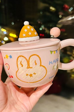 Cute Bear Ceramic Mug with Lid and Spoon, Aesthetic Coffee Cup for Girls, Perfect for Office and Breakfast, Great Birthday Gift