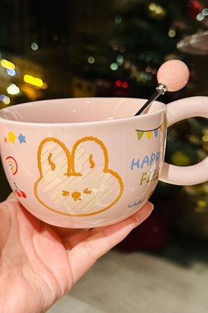 Cute Bear Ceramic Mug with Lid and Spoon, Aesthetic Coffee Cup for Girls, Perfect for Office and Breakfast, Great Birthday Gift