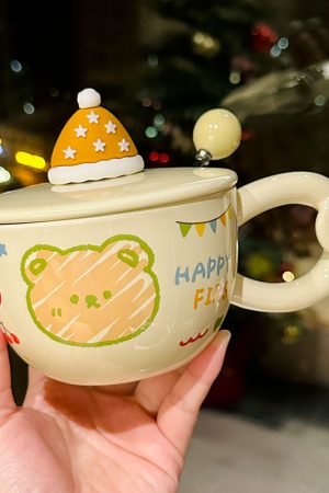 Cute Bear Ceramic Mug with Lid and Spoon, Aesthetic Coffee Cup for Girls, Perfect for Office and Breakfast, Great Birthday Gift