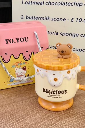Cute Bear High-Foot Ice Cream Cup Girls' Coffee Mug with Lid and Spoon - Adorable Drinkware for Kids and Y2K Aesthetic Lovers