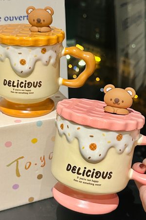 Cute Bear High-Foot Ice Cream Cup Girls' Coffee Mug with Lid and Spoon - Adorable Drinkware for Kids and Y2K Aesthetic Lovers