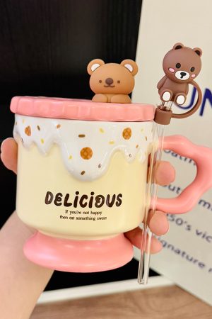 Cute Bear High-Foot Ice Cream Cup Girls' Coffee Mug with Lid and Spoon - Adorable Drinkware for Kids and Y2K Aesthetic Lovers