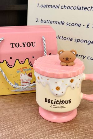 Cute Bear High-Foot Ice Cream Cup Girls' Coffee Mug with Lid and Spoon - Adorable Drinkware for Kids and Y2K Aesthetic Lovers