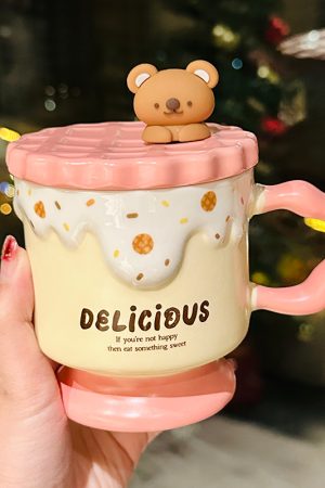 Cute Bear High-Foot Ice Cream Cup Girls' Coffee Mug with Lid and Spoon - Adorable Drinkware for Kids and Y2K Aesthetic Lovers