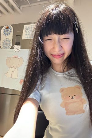 Cute Bear Print Short Fitted Slim Pure Cotton High-Stretch Short Sleeve T-Shirt - 25SS Korean Style Fashion