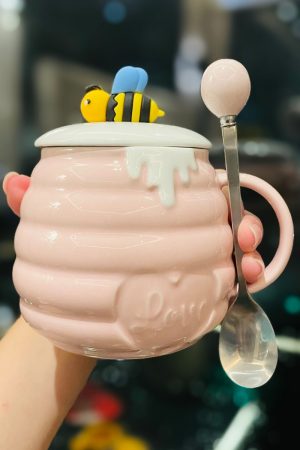 Cute Bee Ceramic Mug with Lid and Spoon - Perfect Breakfast Mug for Girls, Best Friend Birthday Gift, Water and Coffee Cup