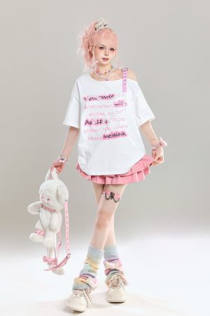 Cute Bow Half-Shoulder Short Sleeve T-Shirt for Women - Summer Loose Off-Shoulder Top, Age-Reducing, Trendy Y2K Style