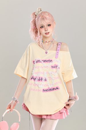 Cute Bow Half-Shoulder Short Sleeve T-Shirt for Women - Summer Loose Off-Shoulder Top, Age-Reducing, Trendy Y2K Style