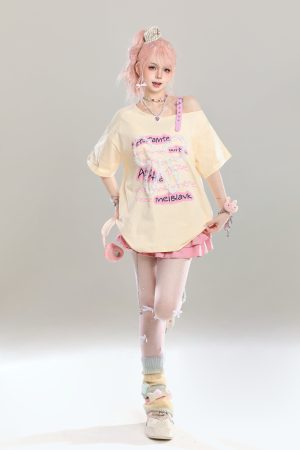 Cute Bow Half-Shoulder Short Sleeve T-Shirt for Women - Summer Loose Off-Shoulder Top, Age-Reducing, Trendy Y2K Style