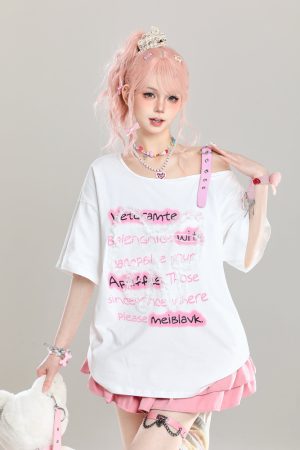 Cute Bow Half-Shoulder Short Sleeve T-Shirt for Women - Summer Loose Off-Shoulder Top, Age-Reducing, Trendy Y2K Style