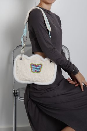 Cute Butterfly Plush Woven Shoulder Bag with Tulip Floral Design - Casual Crossbody Style for Everyday Use