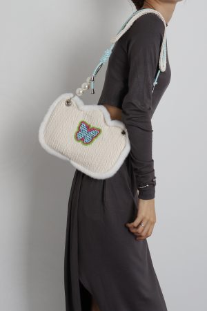 Cute Butterfly Plush Woven Shoulder Bag with Tulip Floral Design - Casual Crossbody Style for Everyday Use