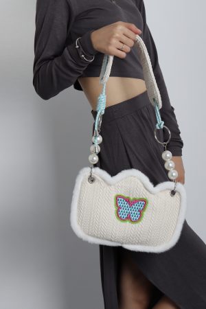 Cute Butterfly Plush Woven Shoulder Bag with Tulip Floral Design - Casual Crossbody Style for Everyday Use