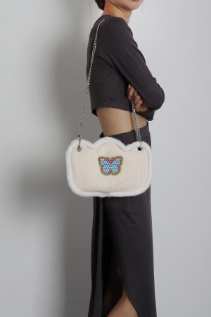 Cute Butterfly Plush Woven Shoulder Bag with Tulip Floral Design - Casual Crossbody Style for Everyday Use