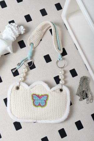 Cute Butterfly Plush Woven Shoulder Bag with Tulip Floral Design - Casual Crossbody Style for Everyday Use