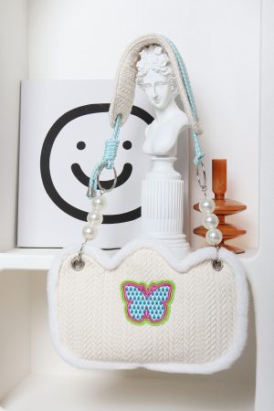 Cute Butterfly Plush Woven Shoulder Bag with Tulip Floral Design - Casual Crossbody Style for Everyday Use