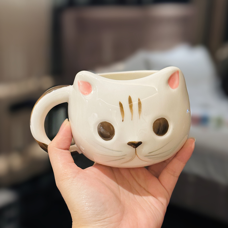 Cute Cartoon Ceramic Water Cup - Adorable Girl Heart Cat Mug for Home, Breakfast, Oatmeal - Soft and Healing Design Cute Cartoon Ceramic Water Cup - Adorable Girl Heart Cat Mug for Home, Breakfast, Oatmeal - Soft and Healing Design