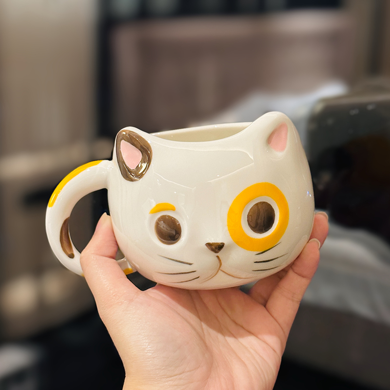 Cute Cartoon Ceramic Water Cup - Adorable Girl Heart Cat Mug for Home, Breakfast, Oatmeal - Soft and Healing Design Cute Cartoon Ceramic Water Cup - Adorable Girl Heart Cat Mug for Home, Breakfast, Oatmeal - Soft and Healing Design