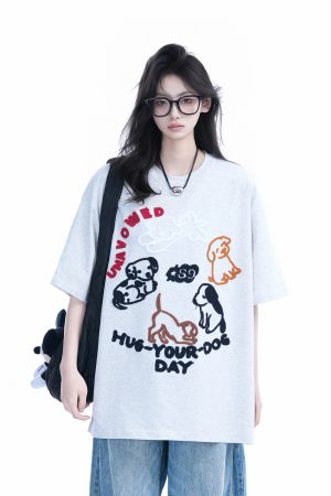 Cute Cartoon Dog Embroidered Short-Sleeve T-Shirt for Women - Summer Loose Pure Cotton Tee, Trendy 90s Style