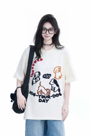 Cute Cartoon Dog Embroidered Short-Sleeve T-Shirt for Women - Summer Loose Pure Cotton Tee, Trendy 90s Style