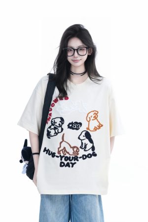 Cute Cartoon Dog Embroidered Short-Sleeve T-Shirt for Women - Summer Loose Pure Cotton Tee, Trendy 90s Style
