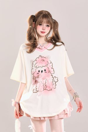 Cute Cartoon Printed Little Sheep V-Neck Short Sleeve T-Shirt for Girls - 2025 Summer Casual Loose Fit