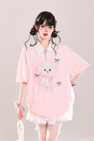 Cute Cartoon Puppy Polo Collar Short-Sleeve T-Shirt for Girls - Summer Casual Loose Fit Top, Adorable Y2K Style